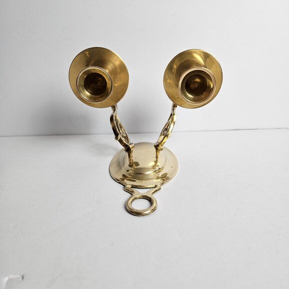 Vtg Solid Brass Candle Holder Double Ornate Scrolled Wall Sconce 6.25”t x 6.5"w - Picture 7 of 16